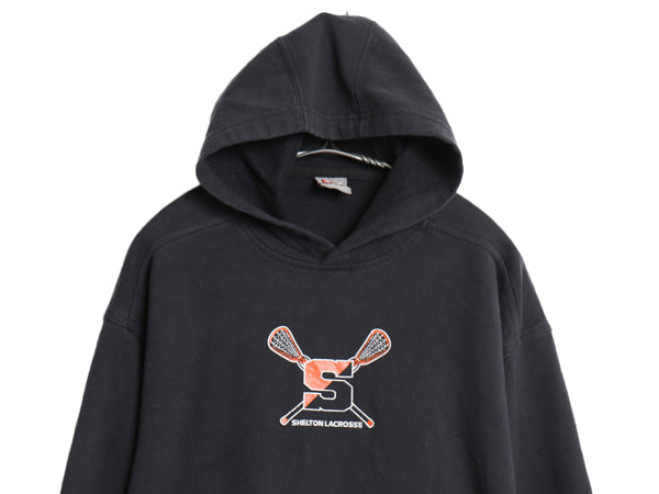 00s ナイキ カレッジ プリント スウェット フード パーカー メンズ S オールド トレーナー センター スウッシュ 裏起毛 リバース タイプ 黒
