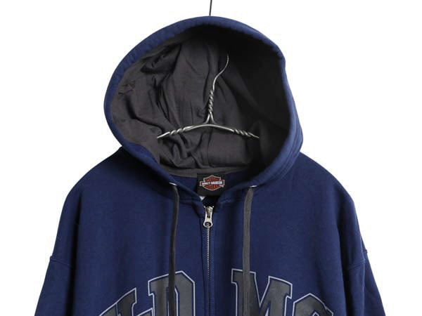 ハーレー ダビッドソン 両面 プリント フルジップ スウェット フード パーカー メンズ L / トレーナー バイク 裏起毛  スカル イラスト 青