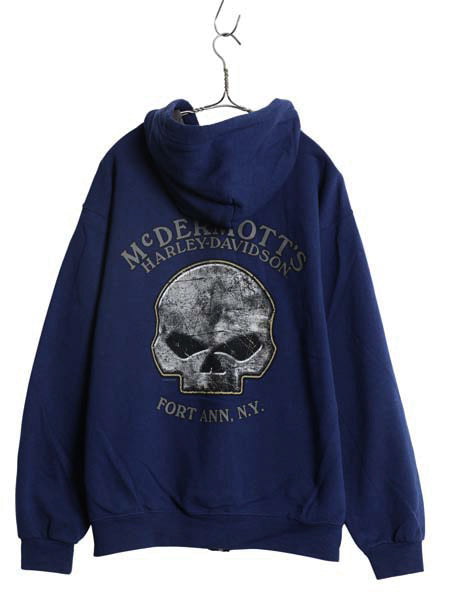ハーレー ダビッドソン 両面 プリント フルジップ スウェット フード パーカー メンズ L / トレーナー バイク 裏起毛  スカル イラスト 青