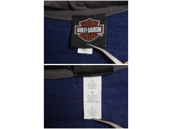 ハーレー ダビッドソン 両面 プリント フルジップ スウェット フード パーカー メンズ L / トレーナー バイク 裏起毛  スカル イラスト 青