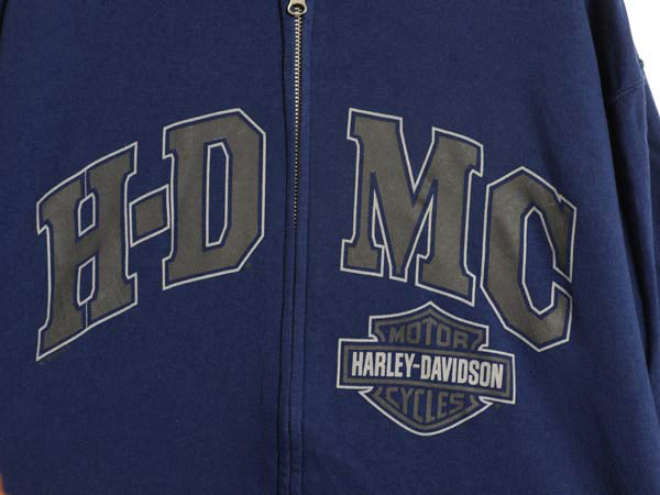 ハーレー ダビッドソン 両面 プリント フルジップ スウェット フード パーカー メンズ L / トレーナー バイク 裏起毛  スカル イラスト 青