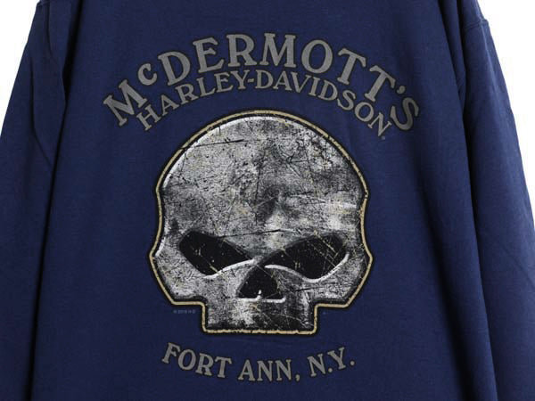 ハーレー ダビッドソン 両面 プリント フルジップ スウェット フード パーカー メンズ L / トレーナー バイク 裏起毛  スカル イラスト 青