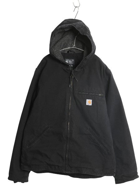US企画 カーハート ダック シエラ ジャケット メンズ L / 古着 ワーク フルジップ フード パーカー 裏 ボア パイル フリース ブルゾン 黒