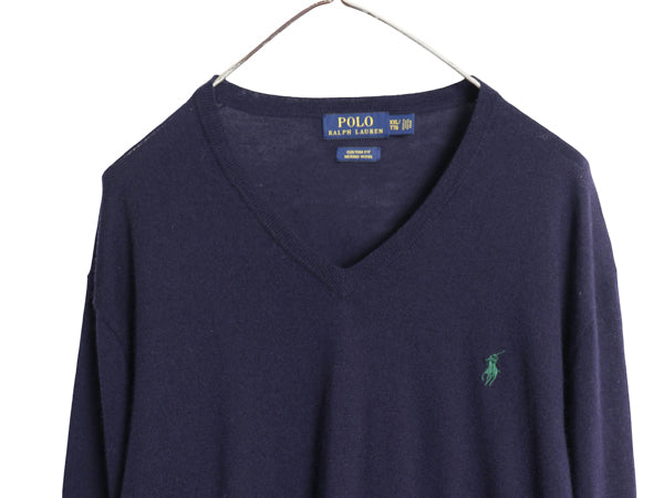 ポロ ラルフローレン ニット セーター メンズ XXL / メリノ ウール CUSTOM FIT ワンポイント ポニー 刺繍 Vネック ハイゲージ 大きいサイズ