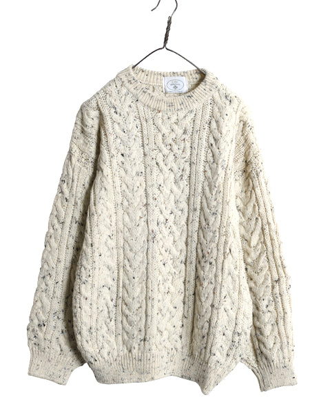 イギリス製 フィッシャーマン ウール ニット セーター メンズ L 程/ アラン ケーブル ローゲージ ナチュラル ネップ 長袖ニット シンプル