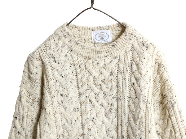 イギリス製 フィッシャーマン ウール ニット セーター メンズ L 程/ アラン ケーブル ローゲージ ナチュラル ネップ 長袖ニット シンプル