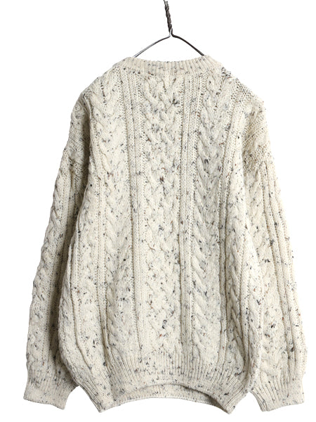イギリス製 フィッシャーマン ウール ニット セーター メンズ L 程/ アラン ケーブル ローゲージ ナチュラル ネップ 長袖ニット シンプル
