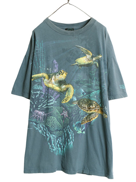 90s ウミガメ アート イラスト オーバー プリント 半袖 Tシャツ メンズ XXL / オールド フィッシュ グラフィック スーベニア 大きいサイズ