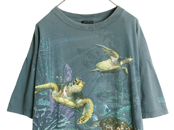 90s ウミガメ アート イラスト オーバー プリント 半袖 Tシャツ メンズ XXL / オールド フィッシュ グラフィック スーベニア 大きいサイズ
