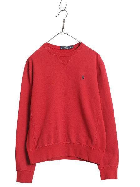ポロ ラルフローレン 前V スウェット メンズ S 古着 裏起毛 トレーナー リバース タイプ ワンポイント クルーネック シンプル 薄手 レッド