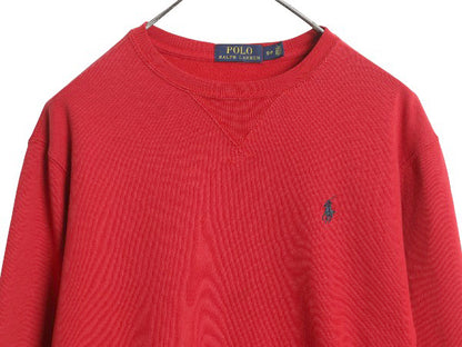 ポロ ラルフローレン 前V スウェット メンズ S 古着 裏起毛 トレーナー リバース タイプ ワンポイント クルーネック シンプル 薄手 レッド