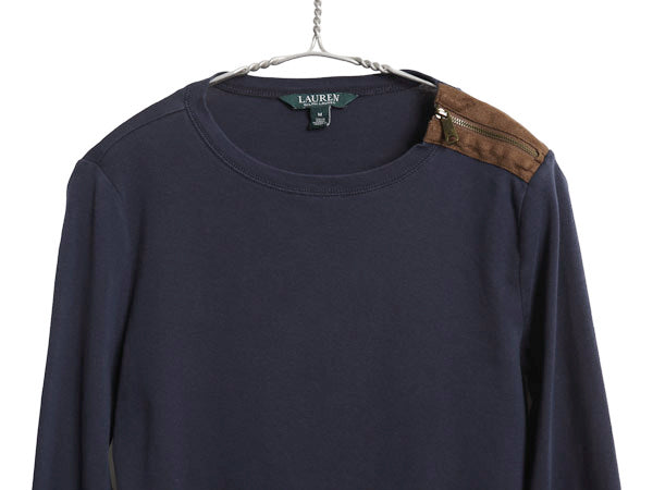 ローレン ラルフローレン 長袖 Tシャツ レディース M / コットン ストレッチ カットソー 肩 ジップ エルボーパッチ プルオーバー きれいめ
