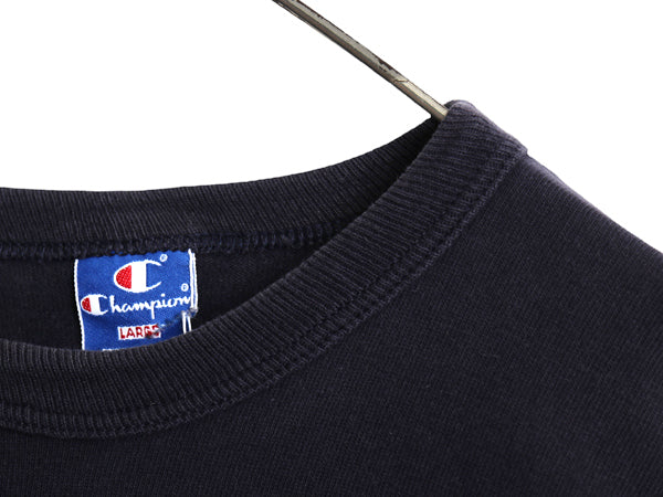 80s USA製 チャンピオン スクリプト ロゴ プリント 半袖 Tシャツ メンズ L ヴィンテージ 100% コットン シングルステッチ ワンポイント 紺