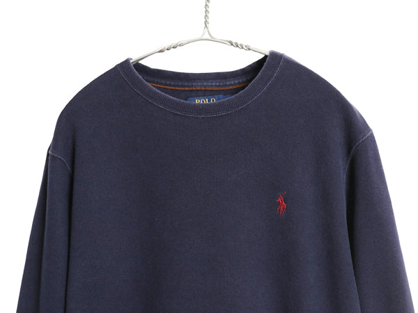 ポロ ラルフローレン リブ編み スウェット メンズ S / 古着 ニット セーター コットン ストレッチ ワンポイント ポニー 刺繍 無地 ネイビー