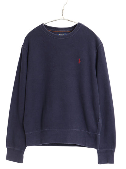 ポロ ラルフローレン リブ編み スウェット メンズ S / 古着 ニット セーター コットン ストレッチ ワンポイント ポニー 刺繍 無地 ネイビー
