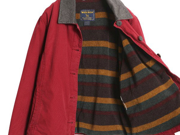 00s ウールリッチ コットン ジャケット レディース M / オールド マルチカラー ボーダー 裏 ボア パイル フリース ブルゾン ショート丈 赤