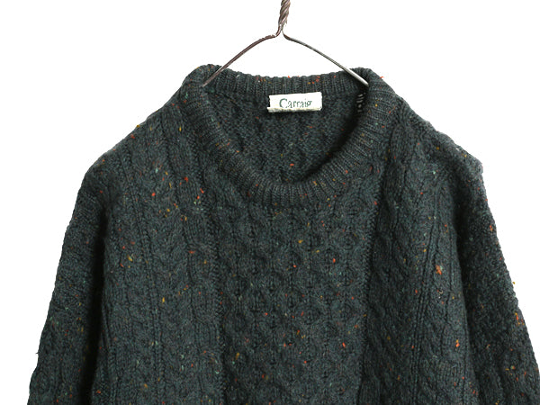 アイルランド製 Carraig Donn フィッシャーマン ウール ニット セーター メンズ レディース L / アラン ケーブル ローゲージ ネップ カーキ