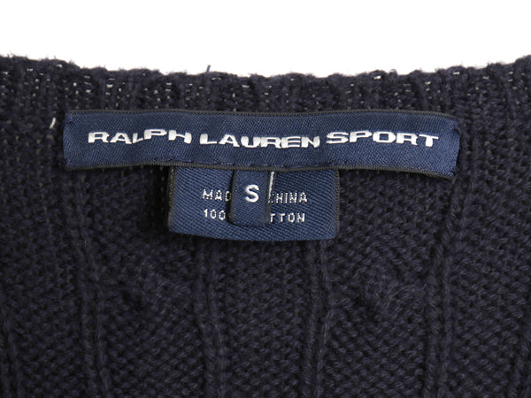 ラルフローレン コットン ケーブル 半袖 ニット セーター レディース S ポロ スポーツ クルーネック ワンポイント ポニー 刺繍 トップス 紺