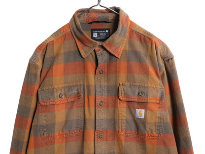 US企画 カーハート 長袖 ヘビー フランネル シャツ メンズ L / チェック LOOSE FIT ネルシャツ ワーク コットン ワンポイント マルチカラー