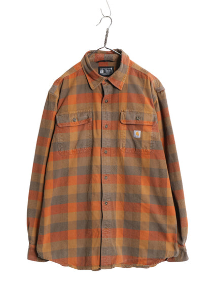 US企画 カーハート 長袖 ヘビー フランネル シャツ メンズ L / チェック LOOSE FIT ネルシャツ ワーク コットン ワンポイント マルチカラー