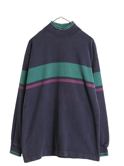 80s USA製 エルエルビーン モックネック ボーダー 長袖 Tシャツ メンズ M / ヴィンテージ アウトドア ロンT ラガーシャツ ヘビーウェイト
