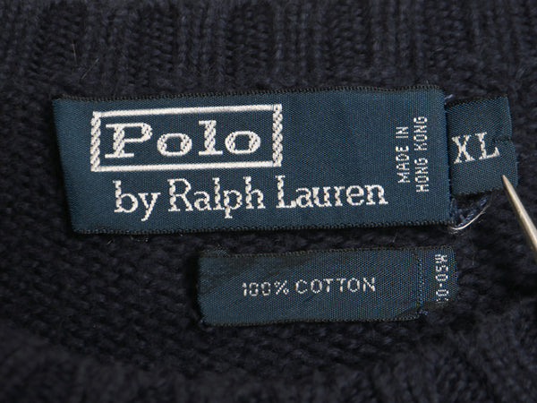 90s ポロ ラルフローレン コットン ニット セーター メンズ XL オールド クルーネック リブ編み ワンポイント ポニー 刺繍 大きいサイズ 紺