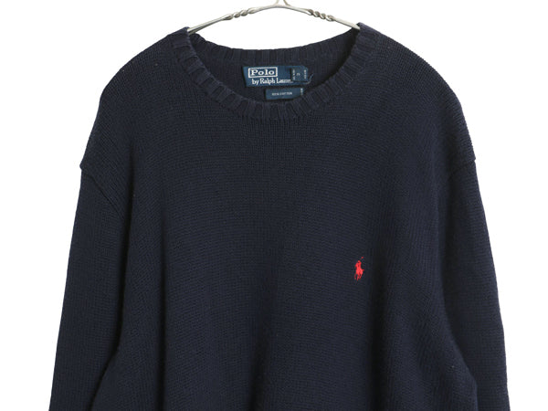 90s ポロ ラルフローレン コットン ニット セーター メンズ XL オールド クルーネック リブ編み ワンポイント ポニー 刺繍 大きいサイズ 紺