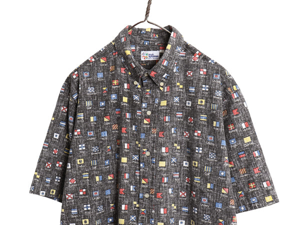 90s ハワイ製 レインスプーナー ボタンダウン 半袖 アロハシャツ メンズ XL 古着 オールド 半袖シャツ フラッグ USA製 3点留め ボックス 黒