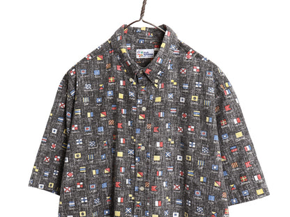 90s ハワイ製 レインスプーナー ボタンダウン 半袖 アロハシャツ メンズ XL 古着 オールド 半袖シャツ フラッグ USA製 3点留め ボックス 黒