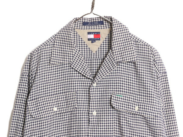 90s トミーヒルフィガー ギンガム チェック オープンカラー 長袖 シャツ メンズ L 古着 90年代 オールド TOMMY HILFIGER コットン 2トーン