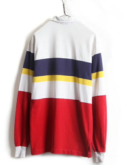 20周年モデル 80s USA製 クロスフラッグ ■ POLO ポロ ラルフローレン ボーダー 長袖 ラガーシャツ ( メンズ L ) 古着 80年代 長袖シャツ