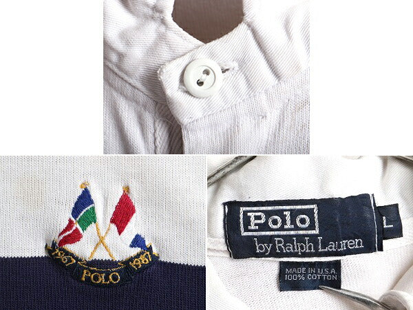 20周年モデル 80s USA製 クロスフラッグ ■ POLO ポロ ラルフローレン ボーダー 長袖 ラガーシャツ ( メンズ L ) 古着 80年代 長袖シャツ