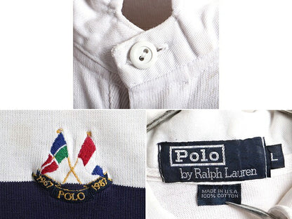 20周年モデル 80s USA製 クロスフラッグ ■ POLO ポロ ラルフローレン ボーダー 長袖 ラガーシャツ ( メンズ L ) 古着 80年代 長袖シャツ