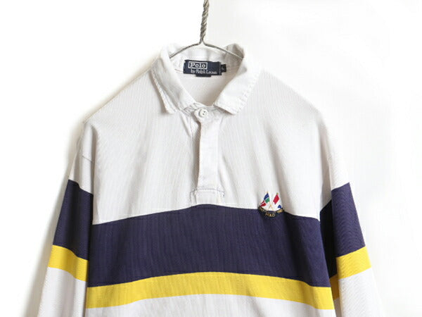 20周年モデル 80s USA製 クロスフラッグ ■ POLO ポロ ラルフローレン ボーダー 長袖 ラガーシャツ ( メンズ L ) 古着 80年代 長袖シャツ
