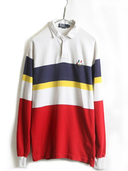 20周年モデル 80s USA製 クロスフラッグ ■ POLO ポロ ラルフローレン ボーダー 長袖 ラガーシャツ ( メンズ L ) 古着 80年代 長袖シャツ