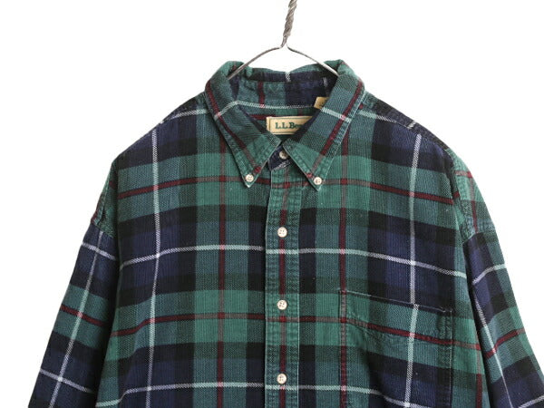 90s エルエルビーン チェック コーデュロイ 長袖 ボタンダウン シャツ メンズ XL 90年代 オールド LLBean アウトドア 長袖シャツ コットン