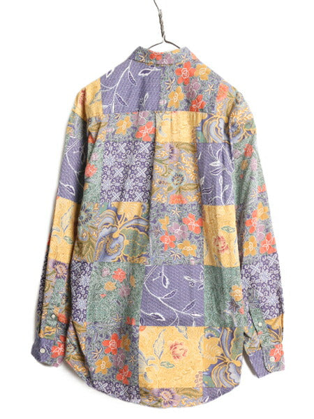 90s USA製 ノーティカ 総柄 長袖 ボタンダウン シャツ メンズ M 古着 90年代 オールド NAUTICA 長袖シャツ ポケット付き マルチカラー 花柄