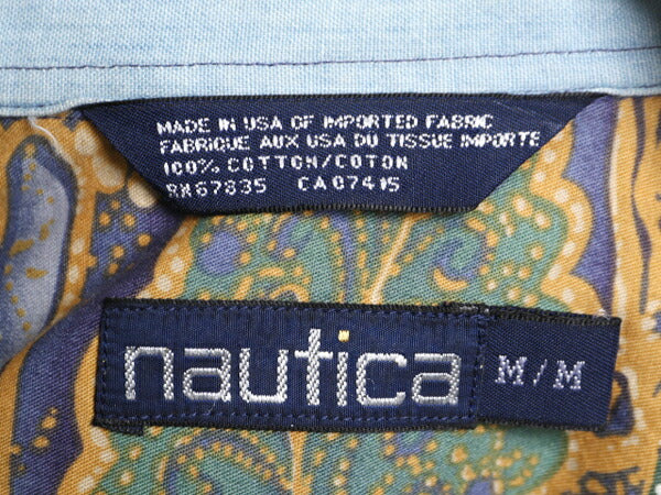 90s USA製 ノーティカ 総柄 長袖 ボタンダウン シャツ メンズ M 古着 90年代 オールド NAUTICA 長袖シャツ ポケット付き マルチカラー 花柄