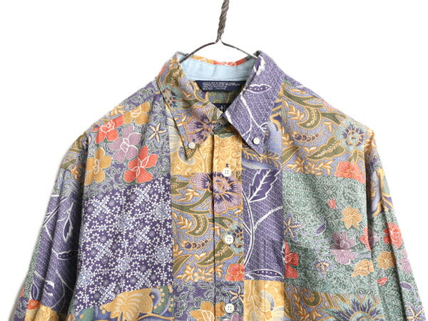 90s USA製 ノーティカ 総柄 長袖 ボタンダウン シャツ メンズ M 古着 90年代 オールド NAUTICA 長袖シャツ ポケット付き マルチカラー 花柄