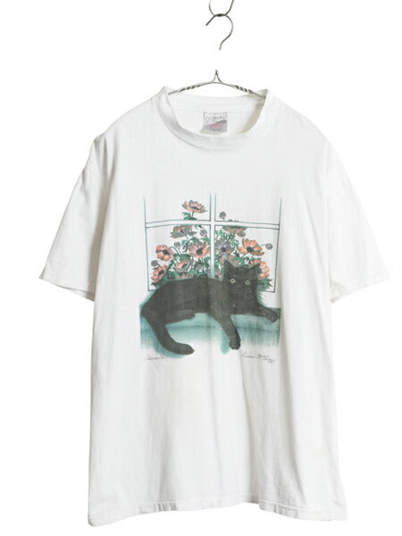 90s ネコ アート イラスト プリント Tシャツ メンズ レディース L 古着 オールド アニマル グラフィック ヘビーウェイト シングルステッチ