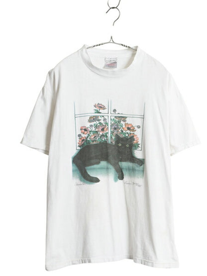 90s ネコ アート イラスト プリント Tシャツ メンズ レディース L 古着 オールド アニマル グラフィック ヘビーウェイト シングルステッチ