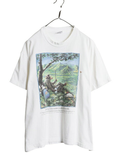90s USA製 JIM MORRIS アート イラスト プリント Tシャツ メンズ L オールド メッセージ クマ キャラクター グラフィック シングルステッチ