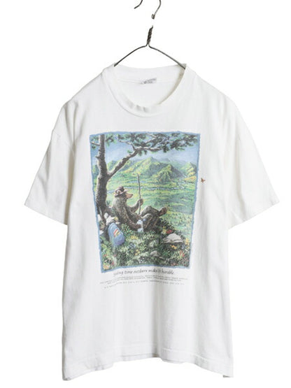 90s USA製 JIM MORRIS アート イラスト プリント Tシャツ メンズ L オールド メッセージ クマ キャラクター グラフィック シングルステッチ