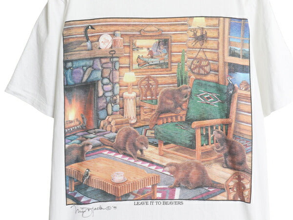90s USA製 アニマル アート イラスト プリント Tシャツ メンズ レディース M オールド ビーバー グラフィック キャラクター ヘビーウェイト