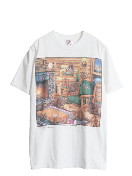 90s USA製 アニマル アート イラスト プリント Tシャツ メンズ レディース M オールド ビーバー グラフィック キャラクター ヘビーウェイト