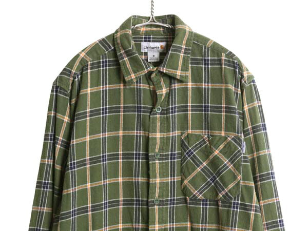 US企画 カーハート チェック フランネル シャツ メンズ M 古着 ワーク ネルシャツ コットン 長袖シャツ マルチカラー ワンポイント 薄手