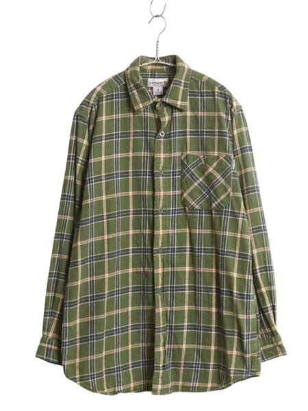 US企画 カーハート チェック フランネル シャツ メンズ M 古着 ワーク ネルシャツ コットン 長袖シャツ マルチカラー ワンポイント 薄手