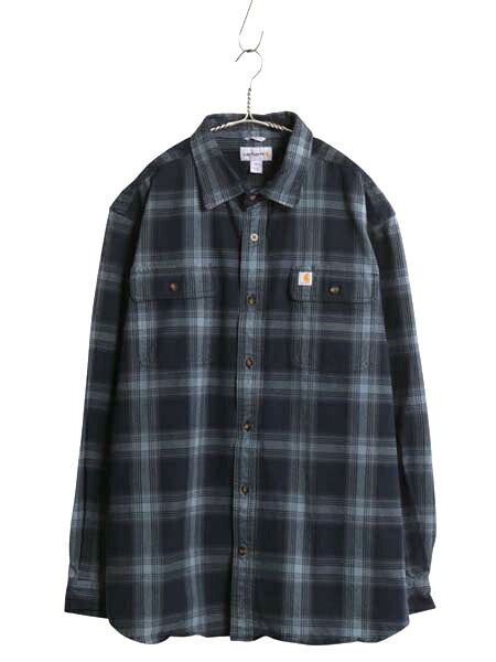 カーハート チェック ヘビー フランネル シャツ メンズ XL / 古着 ワーク ネルシャツ コットン 長袖シャツ マルチカラー 大きいサイズ 紺