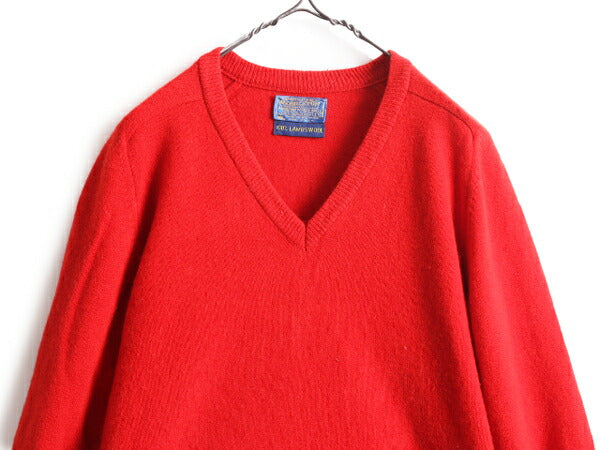 70s USA製 ペンドルトン ラム ウール ニット セーター メンズ L / 古着 70年代 ヴィンテージ PENDLETON Vネック 無地 レッド ミドルゲージ