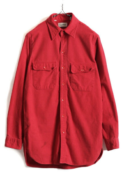 80s ■ エルエルビーン コットン シャモア クロス 長袖 シャツ ( 15 メンズ M 程) 古着 80年代 LLBEAN LLビーン ネルシャツ 無地 旧タグ 赤